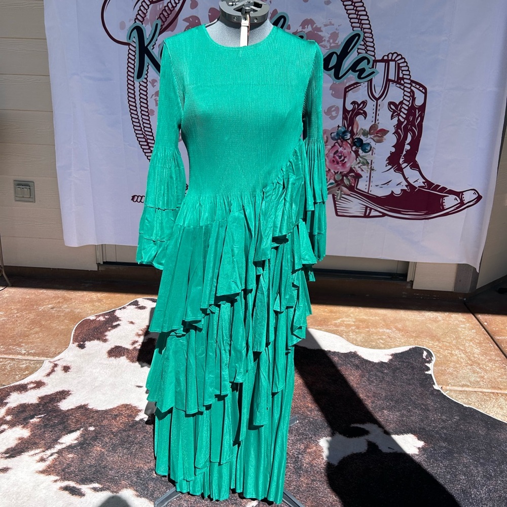 Emerald Green Ruffle OS Long Sleeve Dress